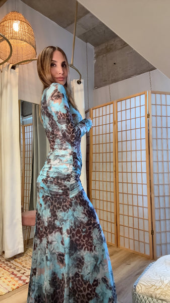 Zahara Aqua Animal Print Mesh Maxi Dress