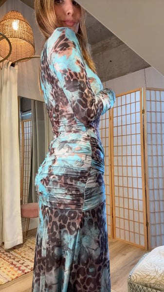 Zahara Aqua Animal Print Mesh Maxi Dress
