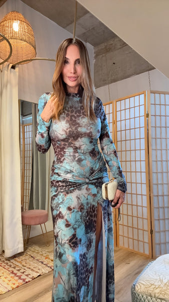 Zahara Aqua Animal Print Mesh Maxi Dress