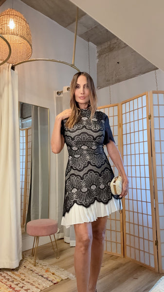 Violette Black Lace & White Satin Mini Dress