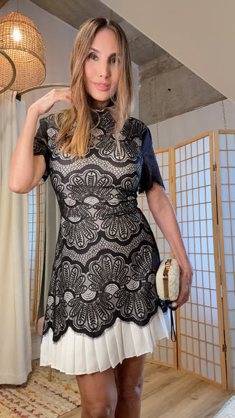 Violette Black Lace & White Satin Mini Dress