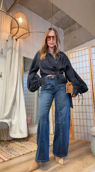 Romy Dark Wash Denim Wrap Top