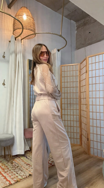 Harlow Crochet-Sleeve Wide-Leg Set
