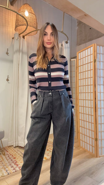 Almora Striped Cardigan – Navy Wine & White Layers”