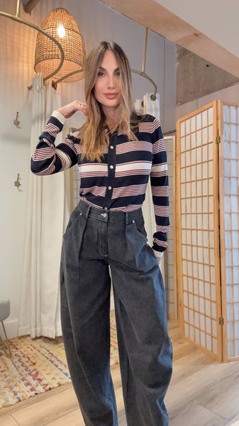 Almora Striped Cardigan – Navy Wine & White Layers”