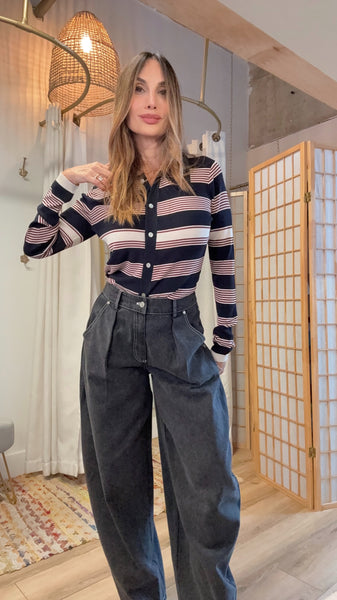 Almora Striped Cardigan – Navy Wine & White Layers”