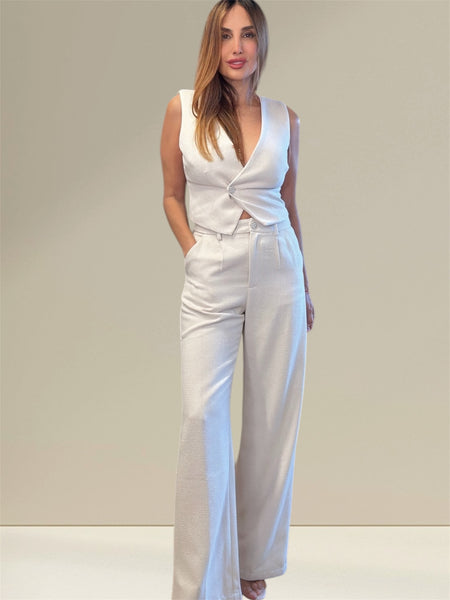 Kaia's Linen Luxe: Oatmeal Cropped Vest & Pants Set"