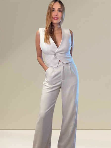 Kaia's Linen Luxe: Oatmeal Cropped Vest & Pants Set"