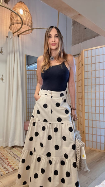“Serra Polka Skirt – Beige & Black Cotton Maxi