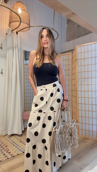 “Serra Polka Skirt – Beige & Black Cotton Maxi