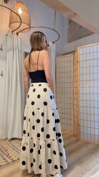 “Serra Polka Skirt – Beige & Black Cotton Maxi