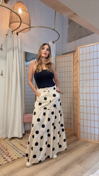 “Serra Polka Skirt – Beige & Black Cotton Maxi