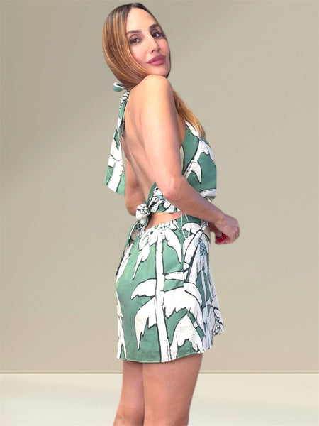 "Ayla's Island Oasis - Mini Palm Tree Print Halter Dress"