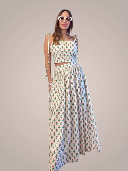 "Aurora's Bloom - Soft Cotton Cropped Cami & Maxi Skirt Set"