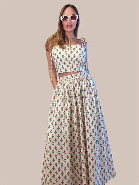 "Aurora's Bloom - Soft Cotton Cropped Cami & Maxi Skirt Set"