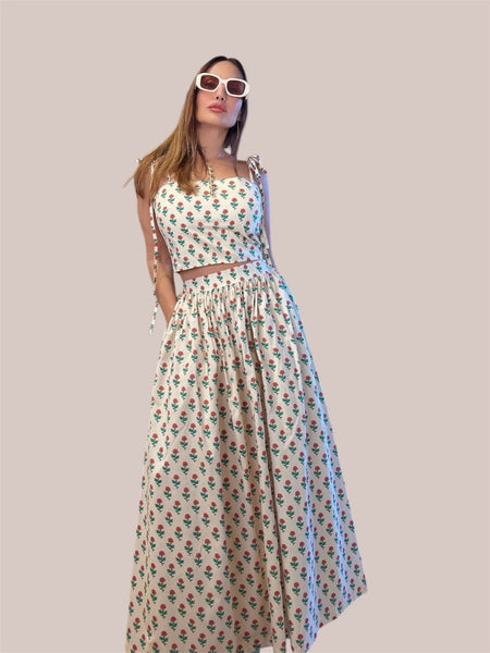 "Aurora's Bloom - Soft Cotton Cropped Cami & Maxi Skirt Set"