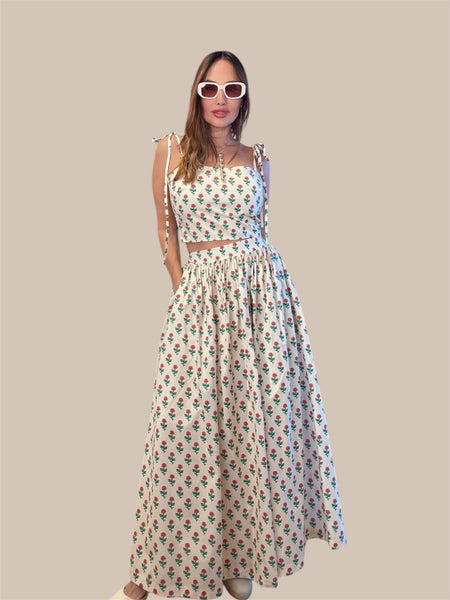 "Aurora's Bloom - Soft Cotton Cropped Cami & Maxi Skirt Set"