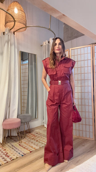 “The Ivara Burgundy  Jumpsuit” – Pocket Detail with Cuffed Hem