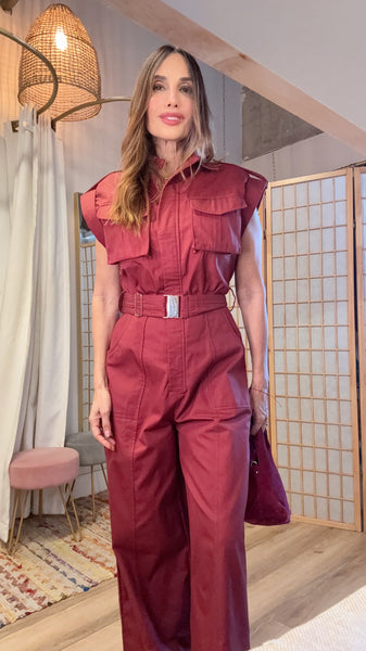 “The Ivara Burgundy  Jumpsuit” – Pocket Detail with Cuffed Hem