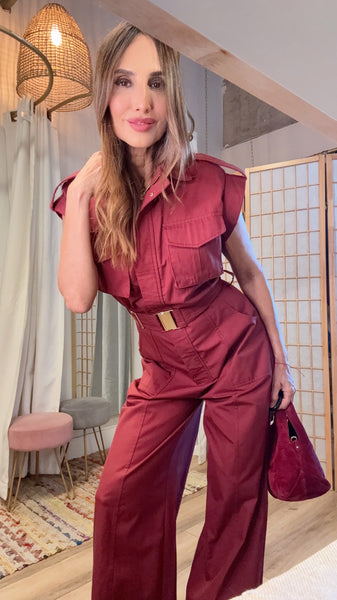 “The Ivara Burgundy  Jumpsuit” – Pocket Detail with Cuffed Hem