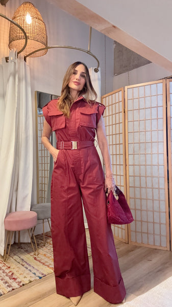 “The Ivara Burgundy  Jumpsuit” – Pocket Detail with Cuffed Hem