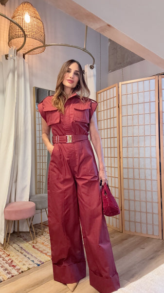 “The Ivara Burgundy  Jumpsuit” – Pocket Detail with Cuffed Hem