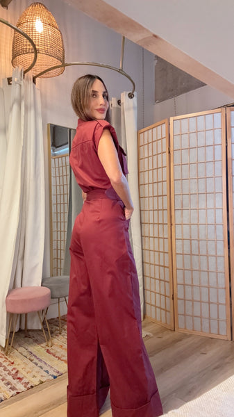 “The Ivara Burgundy  Jumpsuit” – Pocket Detail with Cuffed Hem