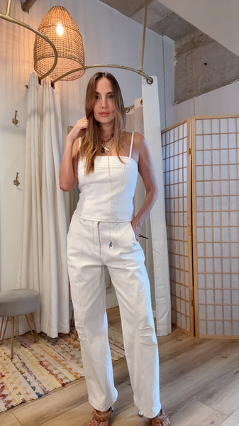 Melrose White Denim Strap Top & Straight Leg Jeans Set | Green Grass Style