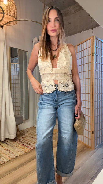 Nina Beige Eyelet Halter Peplum Top
