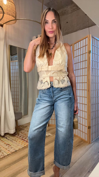 Nina Beige Eyelet Halter Peplum Top