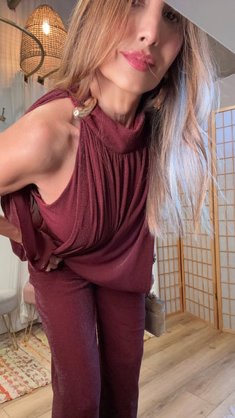 Candice Wine Shimmer Knit Pant Set
