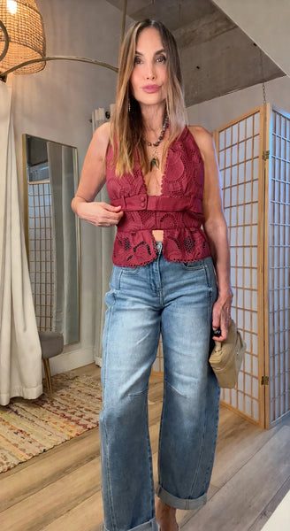 Nina Wine Eyelet Halter Peplum Top