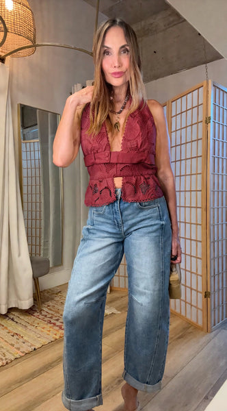 Nina Wine Eyelet Halter Peplum Top
