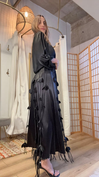 Salome Black Satin Fringe Maxi Skirt