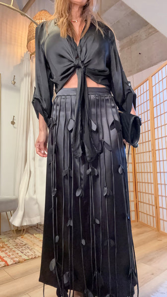 Salome Black Satin Fringe Maxi Skirt
