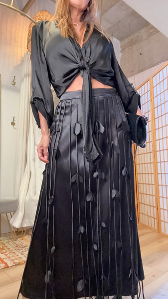Salome Black Satin Fringe Maxi Skirt