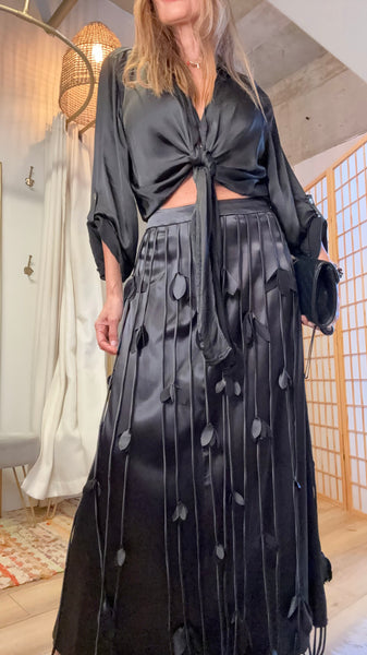 Salome Black Satin Fringe Maxi Skirt