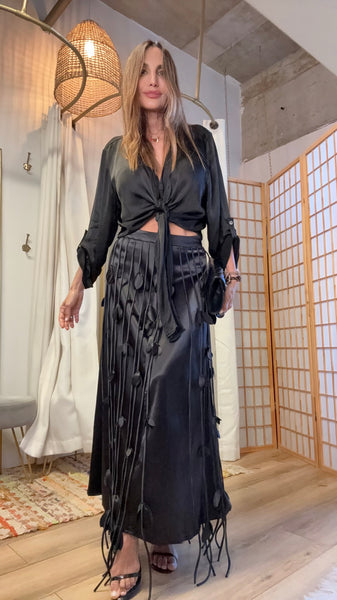 Salome Black Satin Fringe Maxi Skirt