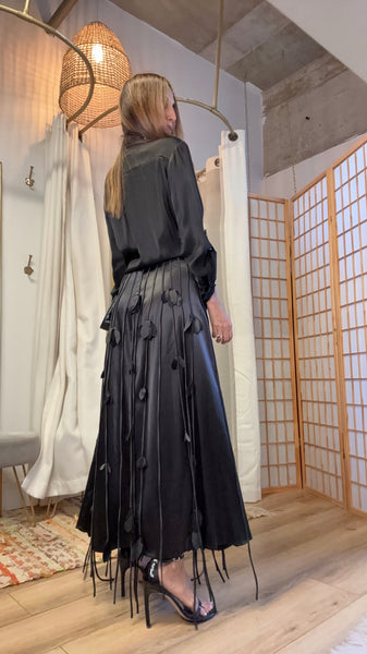 Salome Black Satin Fringe Maxi Skirt