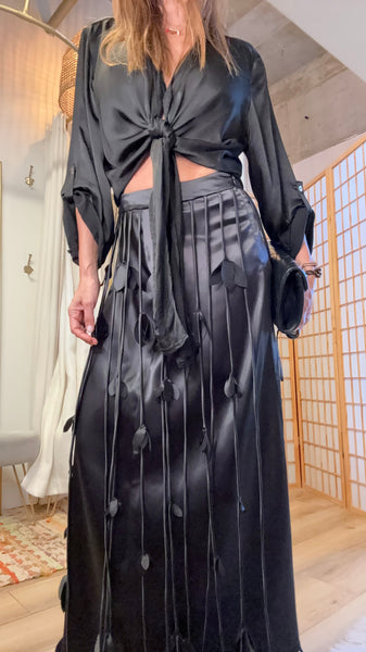 Salome Black Satin Fringe Maxi Skirt