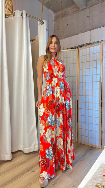 Wailea Halter floral maxi dress in red
