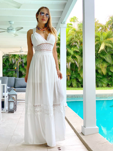 Menorca lace details white maxi dress