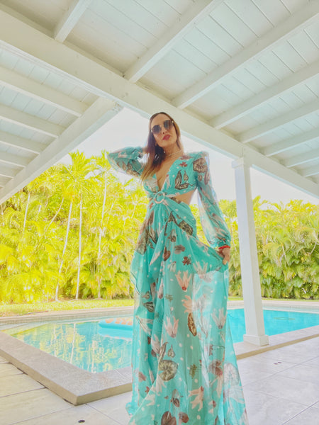 Turquoise maxi dress with on sale sleeves