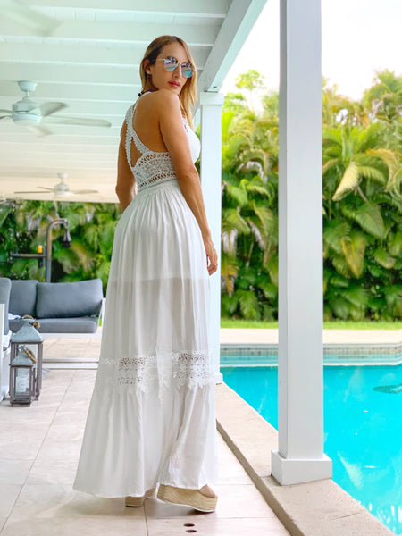 Menorca lace details white maxi dress